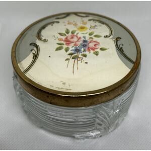 Art Deco Powder Trinket Box Vintage Floral Lidded W Glass Bottom 3 1/2 x 2 in
